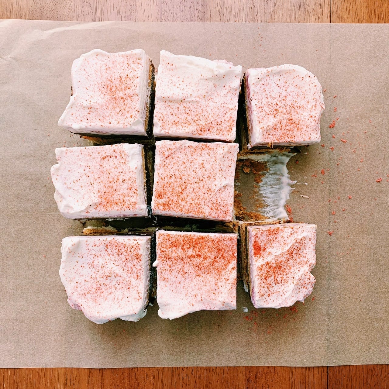 Neapolitan icebox cake cut into squares