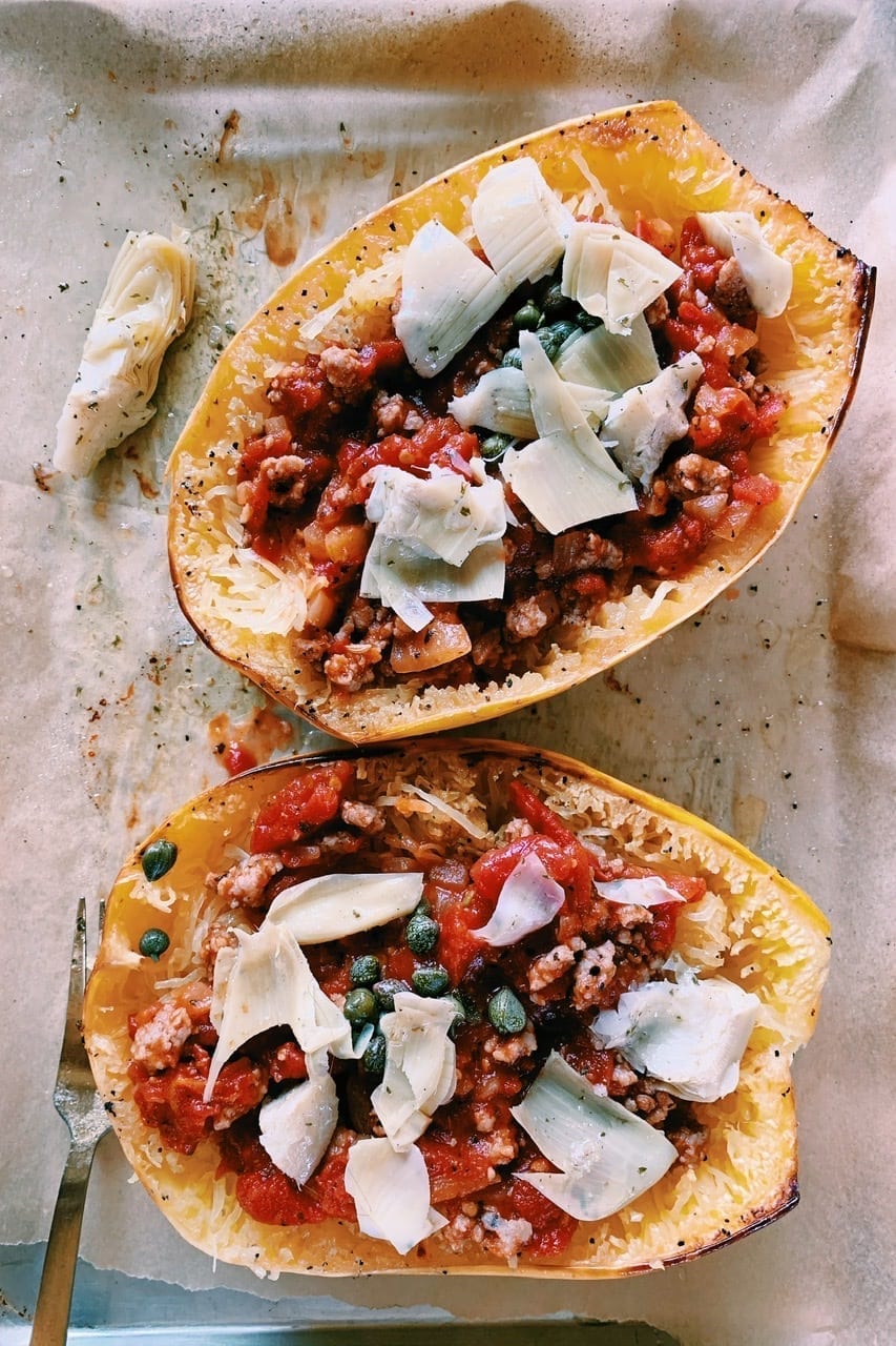 Spaghetti Squash Boats with Italian Sausage & Marinara