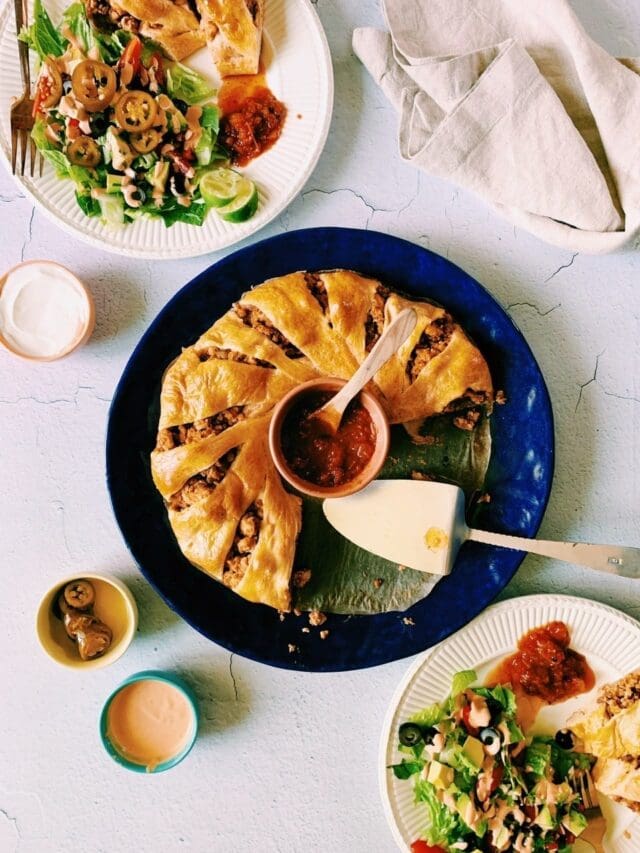 Crescent Roll Taco Ring on a blue platter