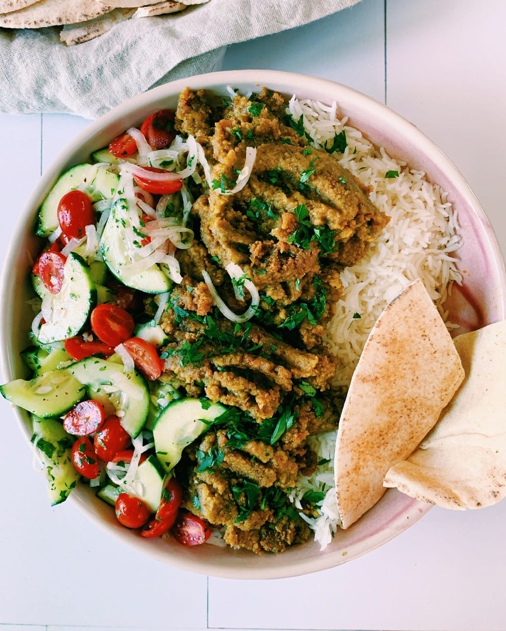 Overhead shot of lazy falafel in a bowl