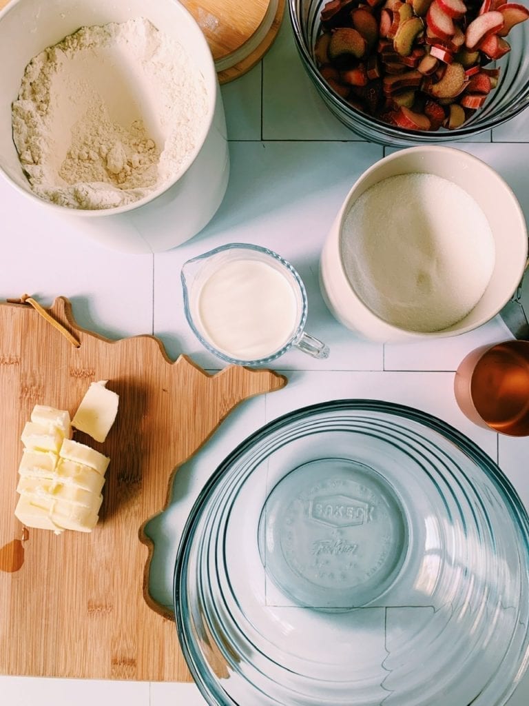 Ingredients for strawberry rhubarb rly poly recipe laid out on countertop