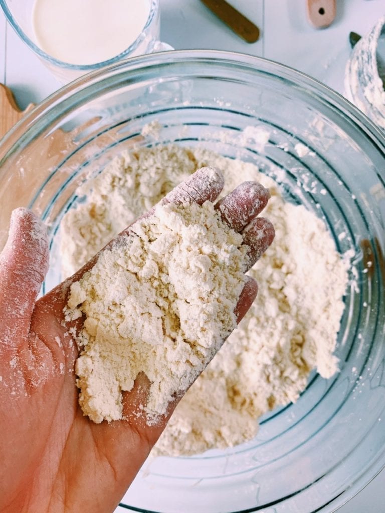 Dough for rhubarb roly poly at coarse meal stage