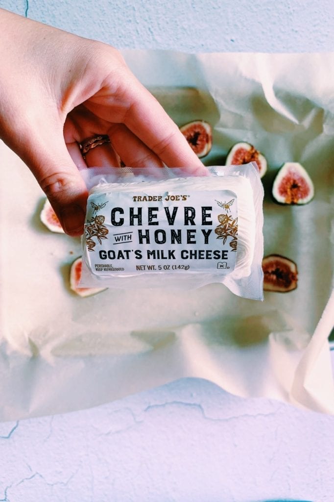Close up of chèvre honey goat cheese package from Trader Joe’s. 