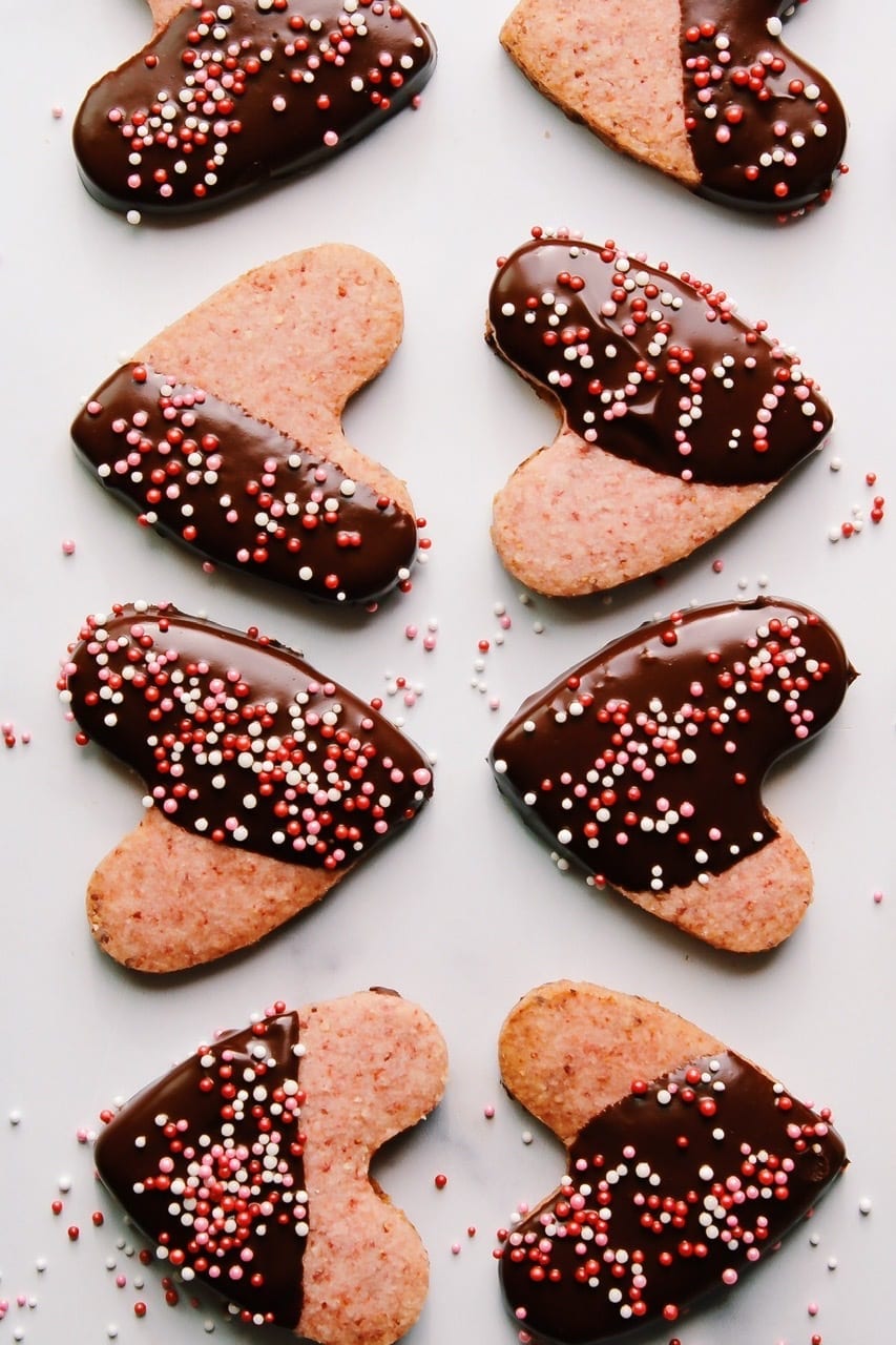 Chocolate dipped strawberry shortbread cookies dipped in dark chocolate for Valentine’s Day