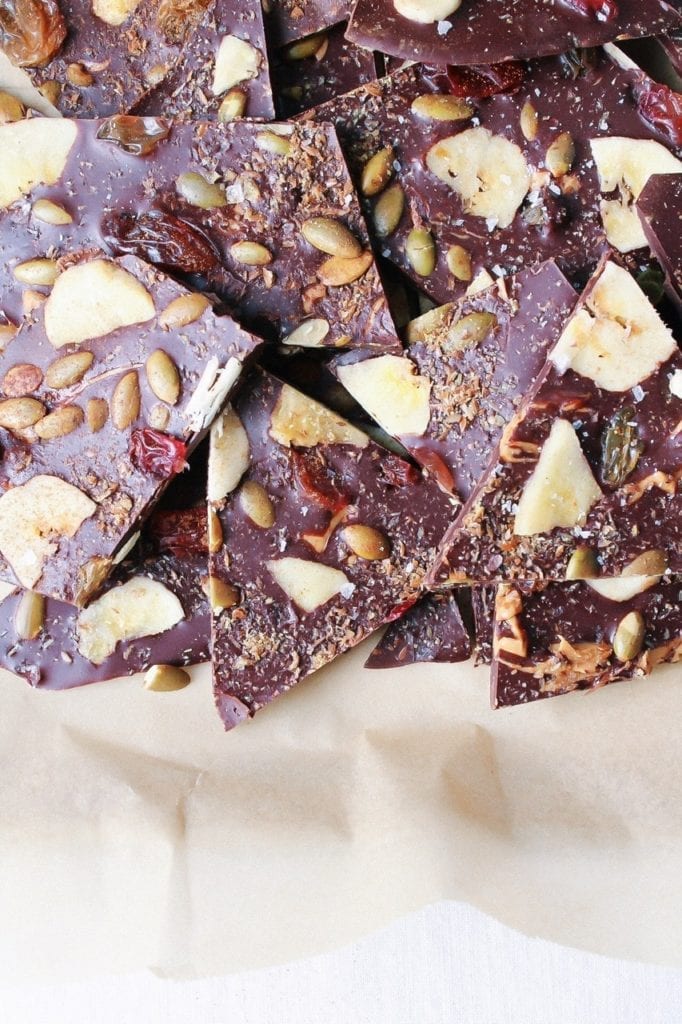 Close up of trail mix chocolate bark cut into pieces 