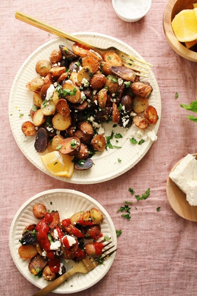 roasted mediterranean potatoes on plates