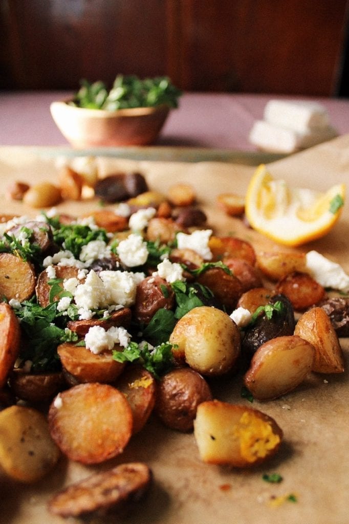 roast mediterranean potatoes with lemon and feta