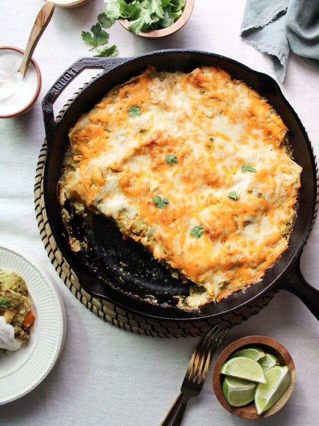 Overhead view of sweet potato black bean enchiladas with tomatillo sauce