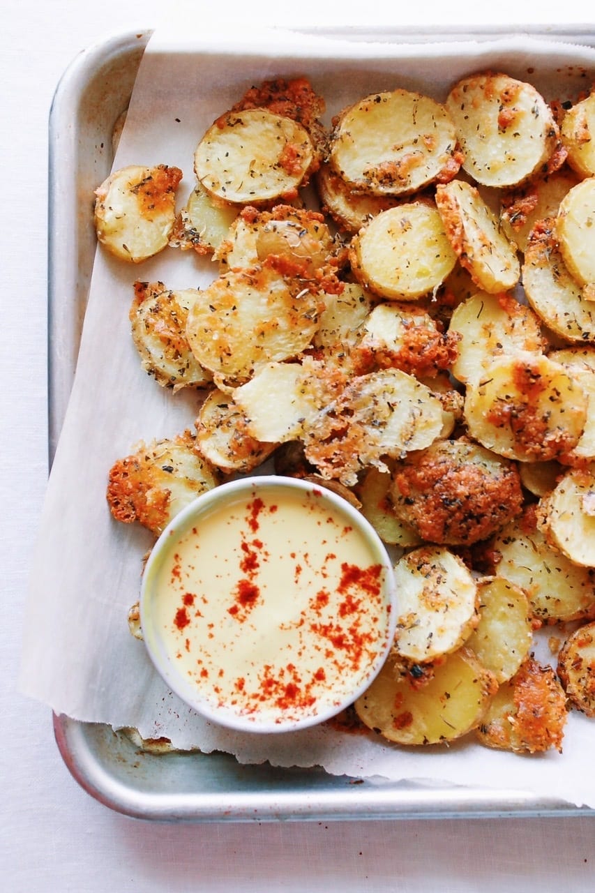 ROASTED PARMESAN & THYME POTATOES WITH DEVILED EGG AIOLI ON A BAKING SHEET