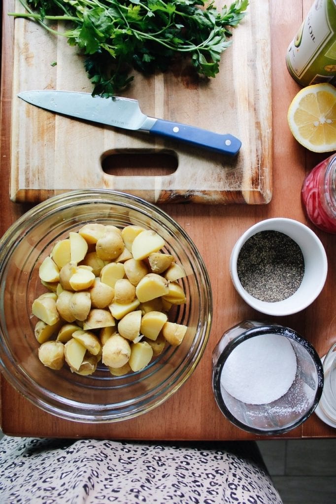 ingredients for summer potato salad on a table