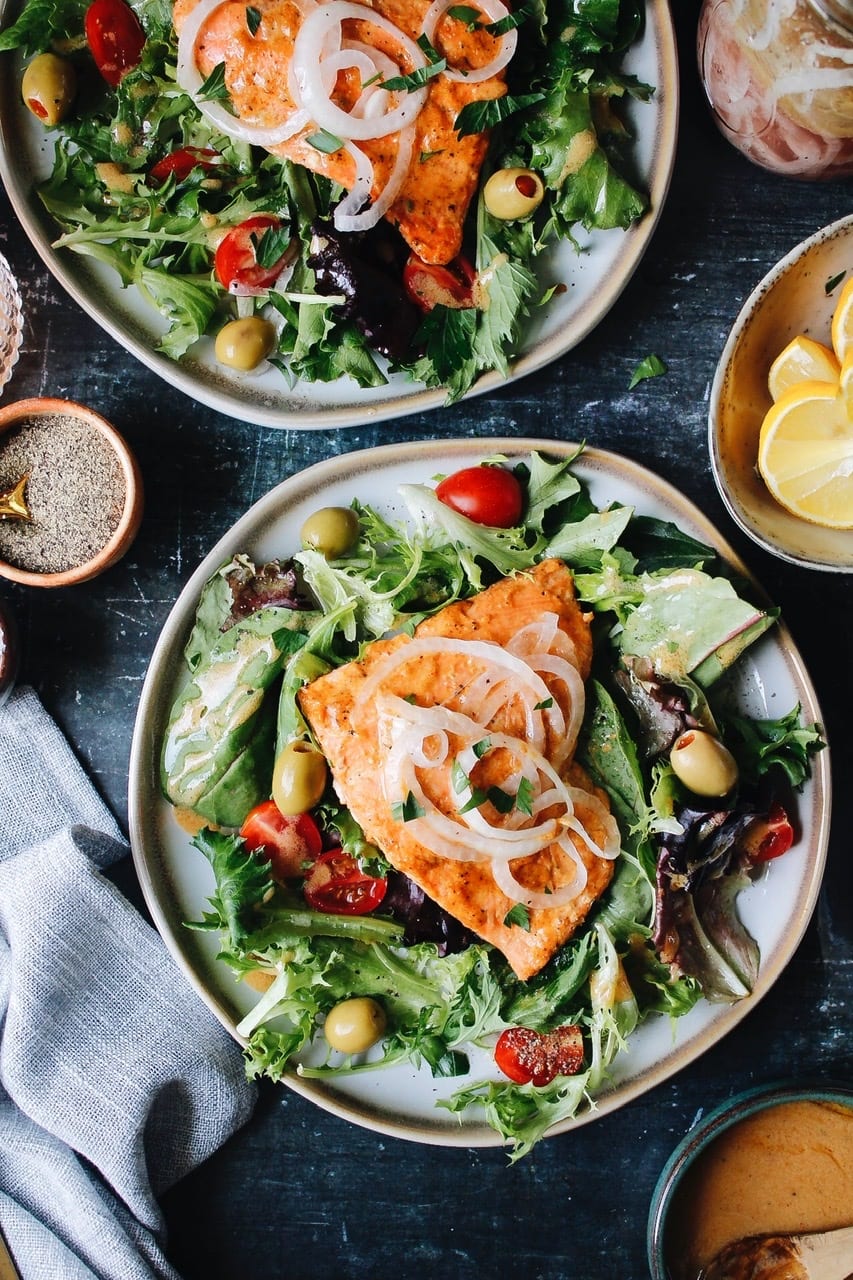 honey mustard baked salmon on top of greens.