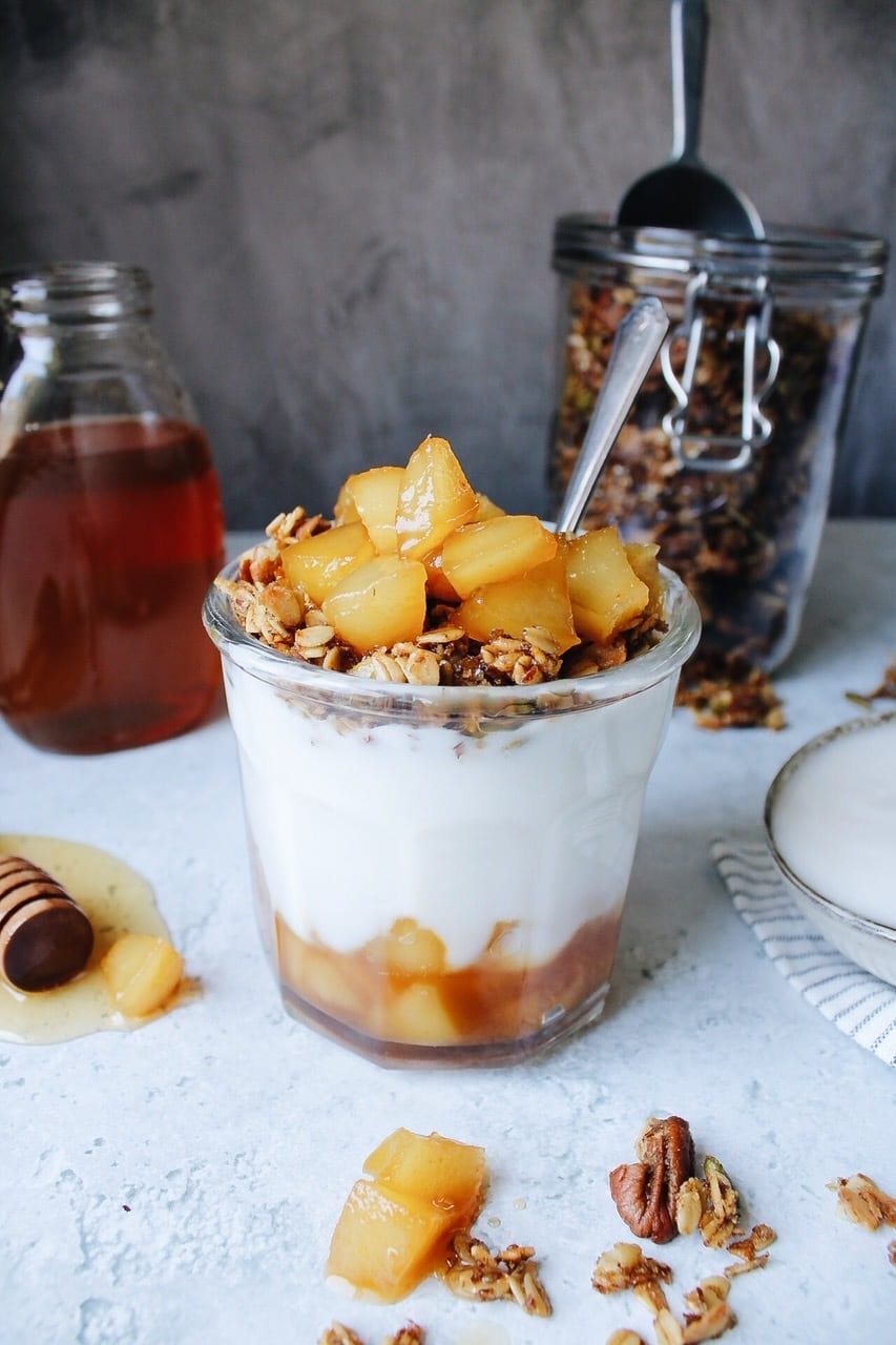 pears and honey on top of yogurt and granola