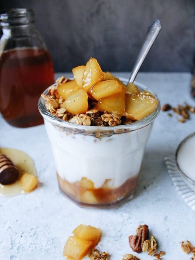 pears and honey on top of granola