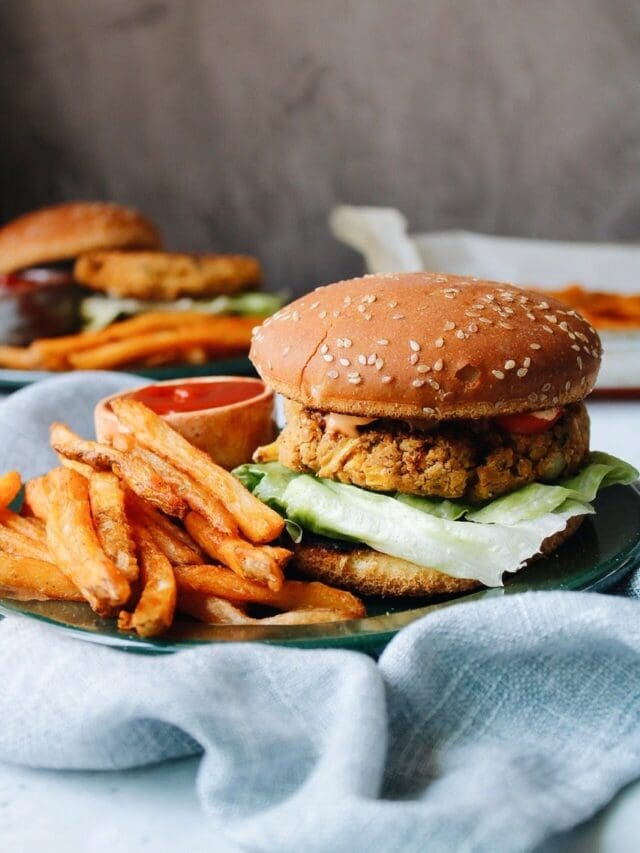 southwest chickpea burger on a bun with french fries