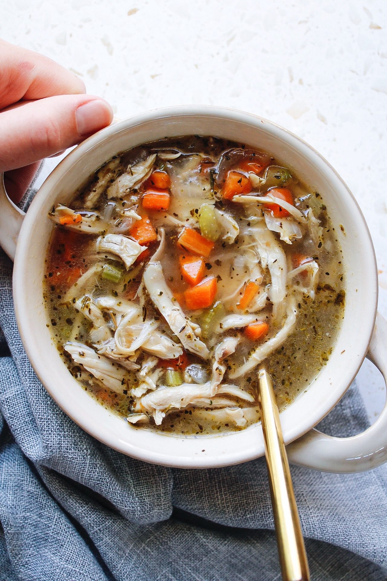 favorite chicken soup in a beige bowl