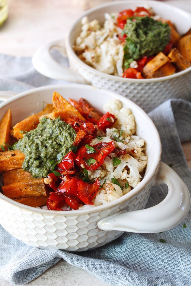 hearty earth bowl topped with pesto