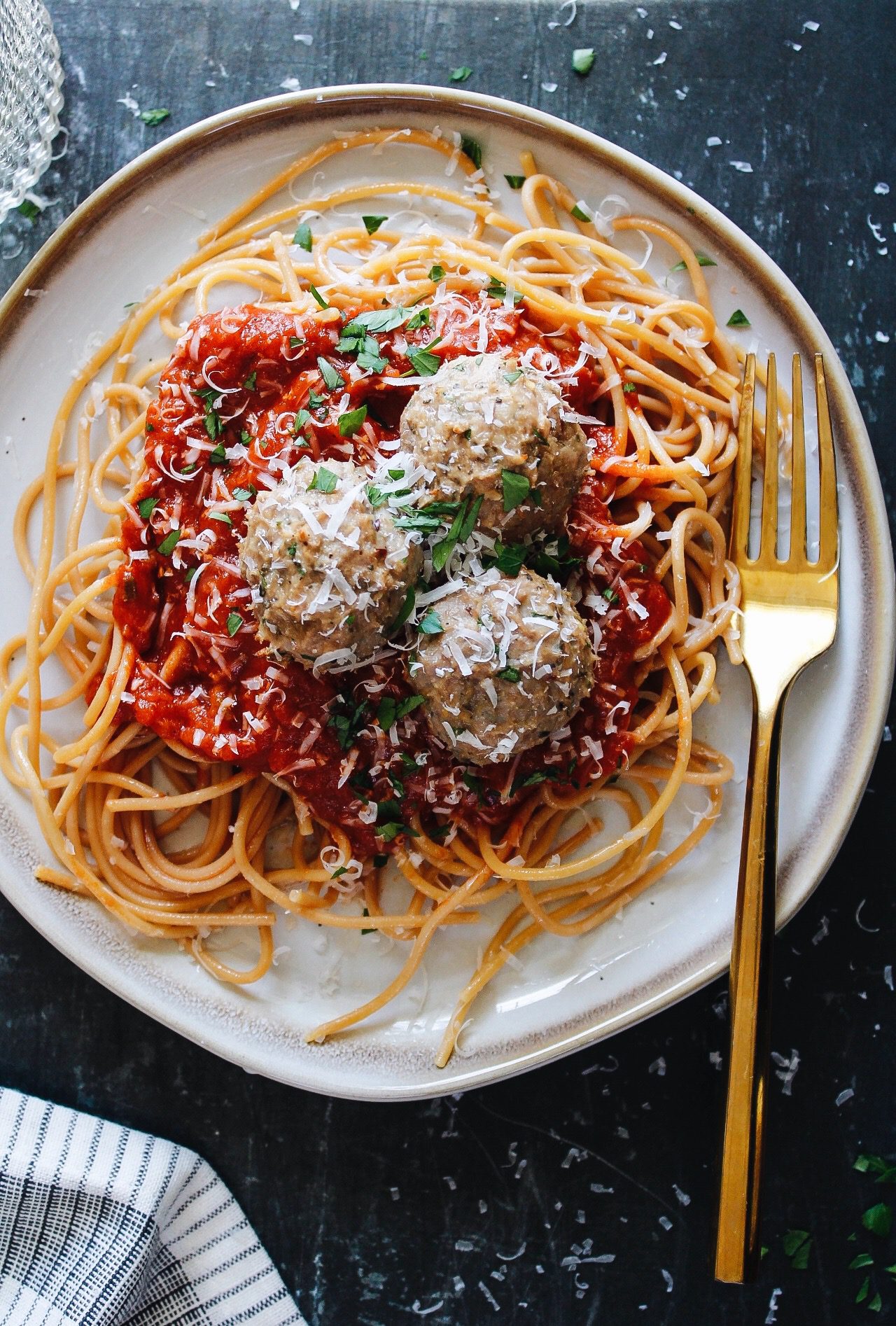 turkey meatballs made without breadcrumbs on top of spaghetti and marinara