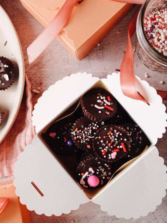 homemade peanut butter cups in a cute pink box for valentines day