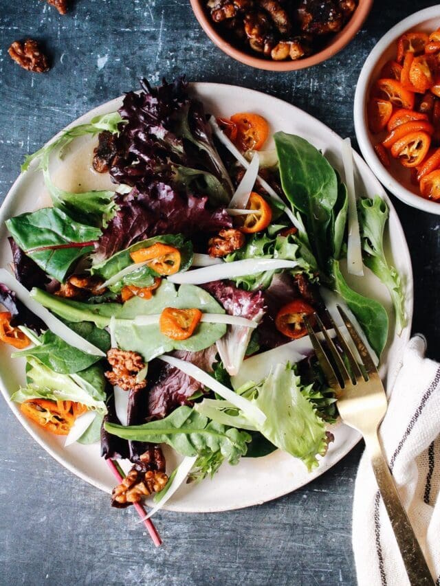 KUMQUAT SALAD WITH CANDIED PECANS AND PROVOLONE