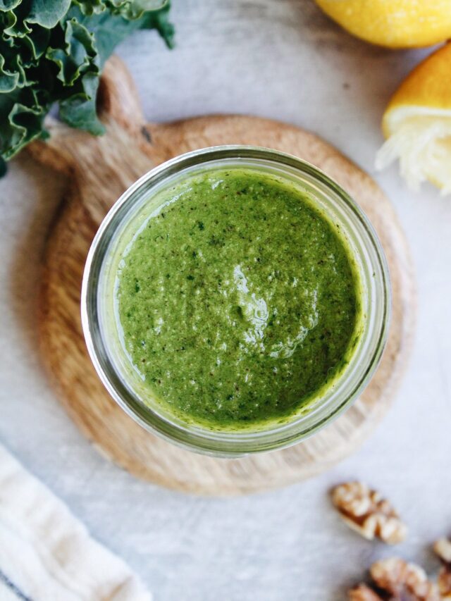 walnut kale pesto in a glass jar