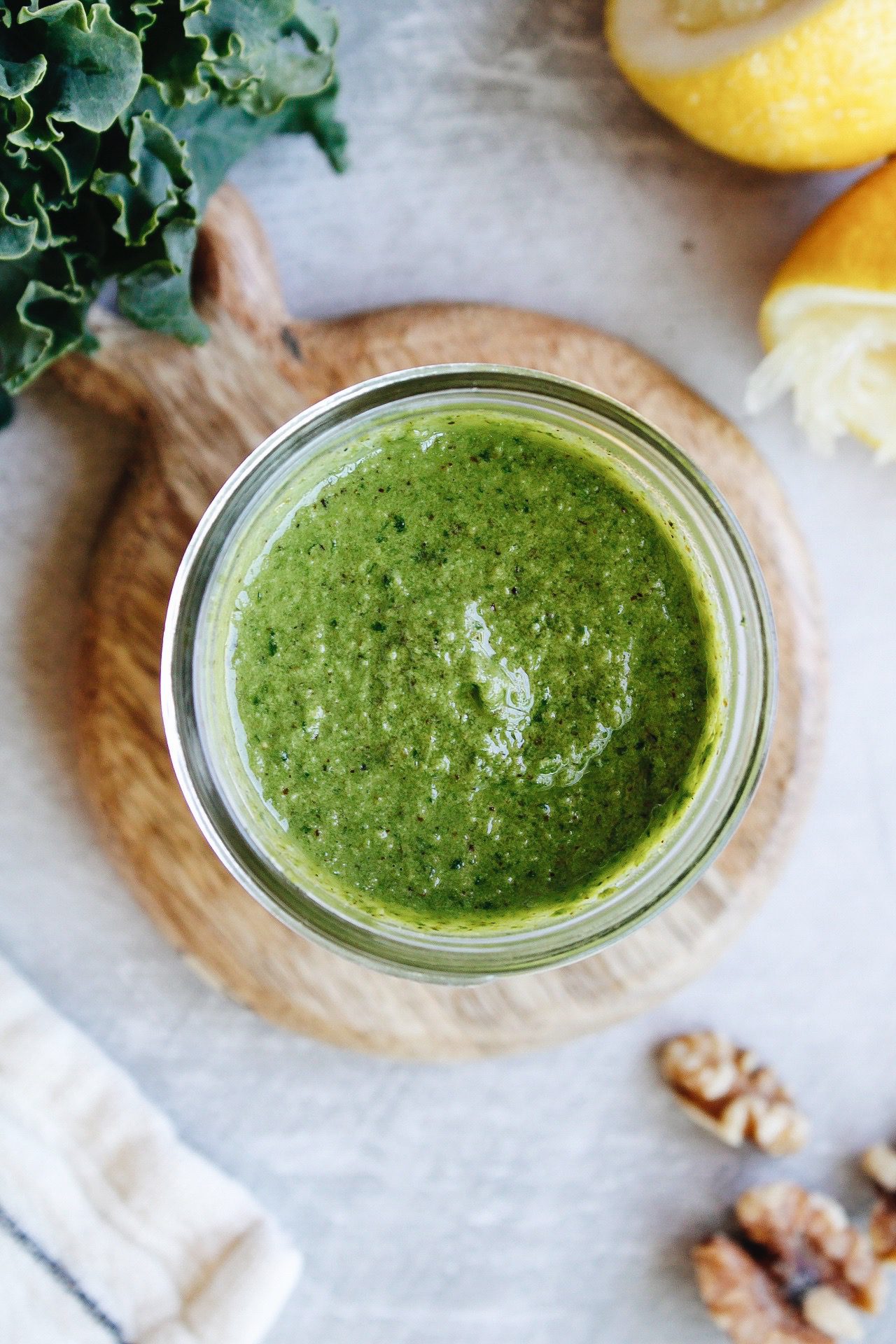 walnut kale pesto in a glass jar