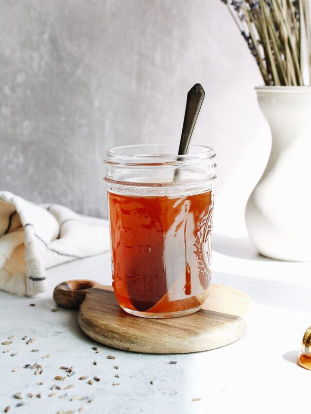 honey lavender syrup in a clear glass jar