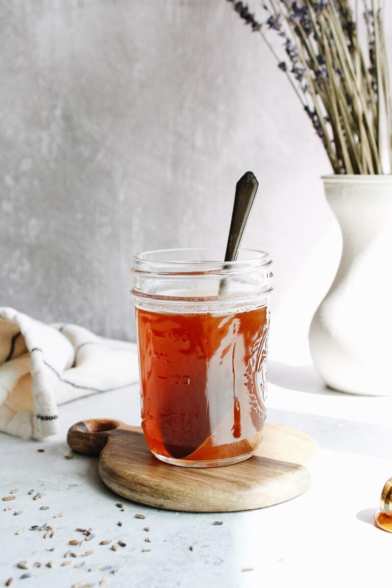 honey lavender syrup in a clear glass jar