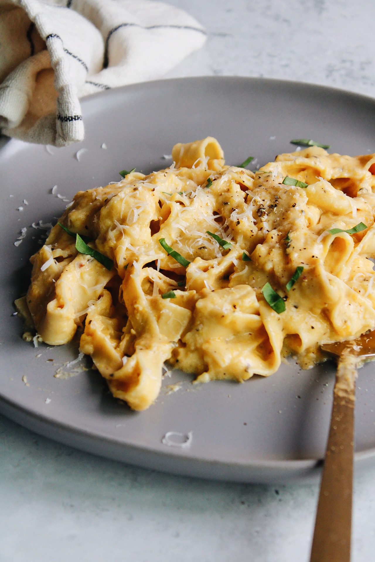 butternut squash alfredo on a gray plate