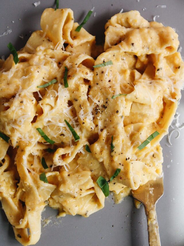 butternut squash alfredo sauce pasta on a gray plate