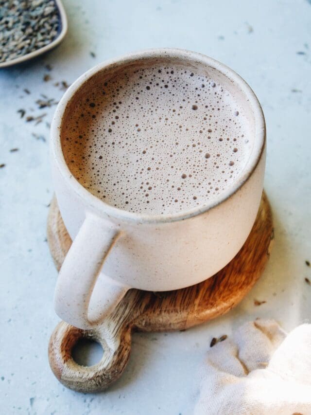 lavender hot chocolate in a blush colored mug