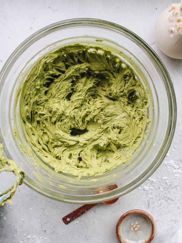 matcha frosting in a mixing bowl