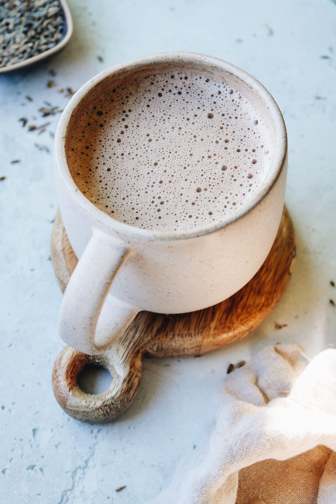 lavender hot chocolate in a blush colored mug