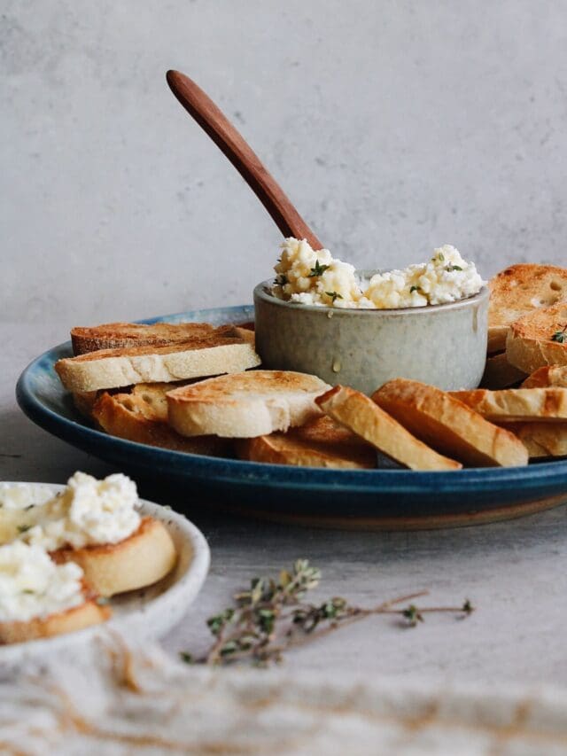 whipped feta and honey in a dip bowl