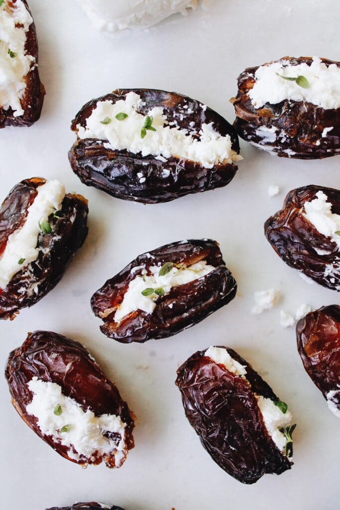 goat cheese stuffed dates topped with fresh thyme