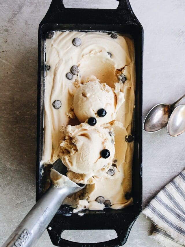 Milk tea ice cream in a loaf pan with fresh boba on top