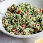 couscous tabbouleh in a white bowl