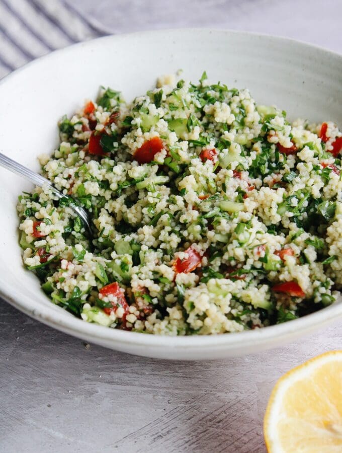 couscous tabbouleh in a white bowl