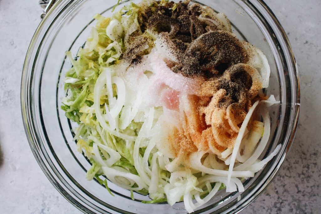 thinly sliced lettuce and onions in a bowl with spices