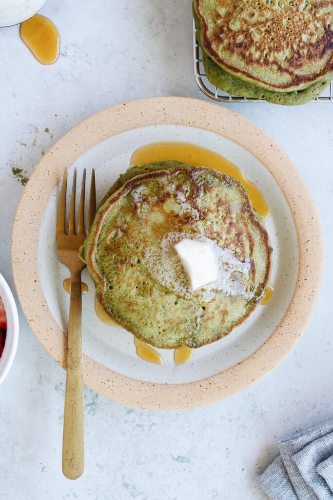 matcha pancakes with maple syrup and butter