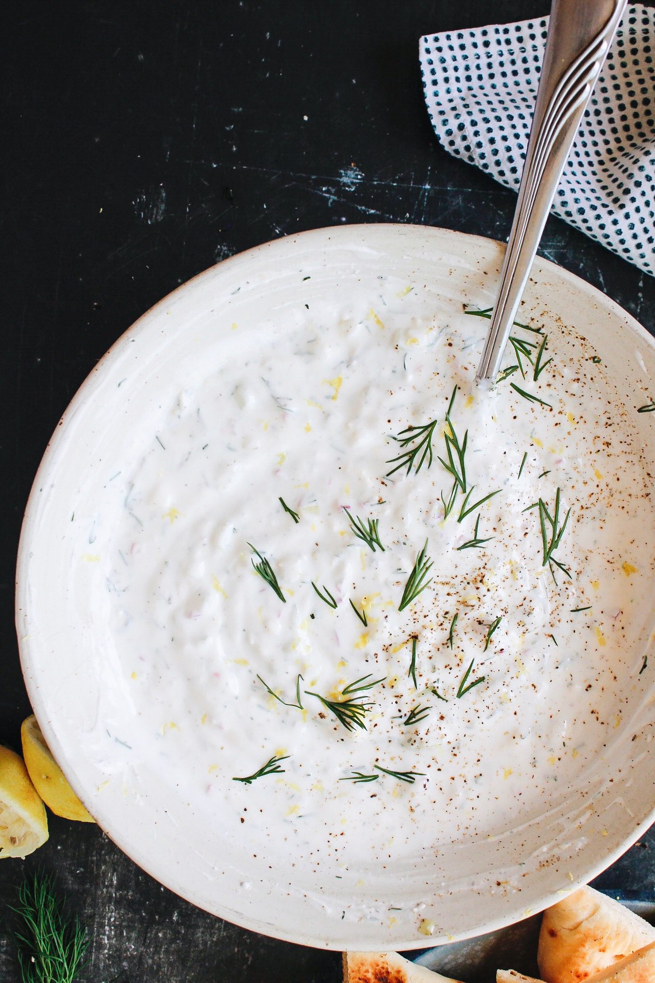 feta tzatziki sauce in a white bowl