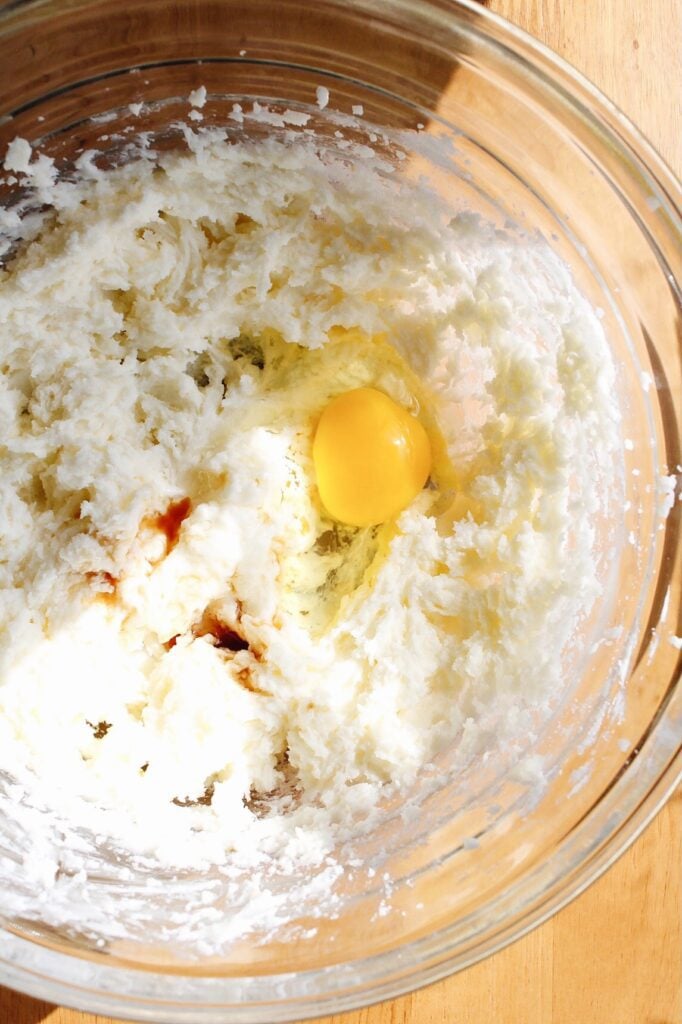 egg and vanilla added to butter and sugar