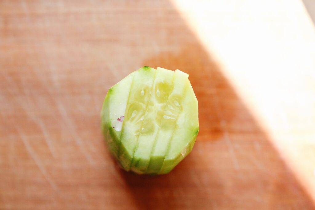 thinly sliced cucumber for tzatziki sauce