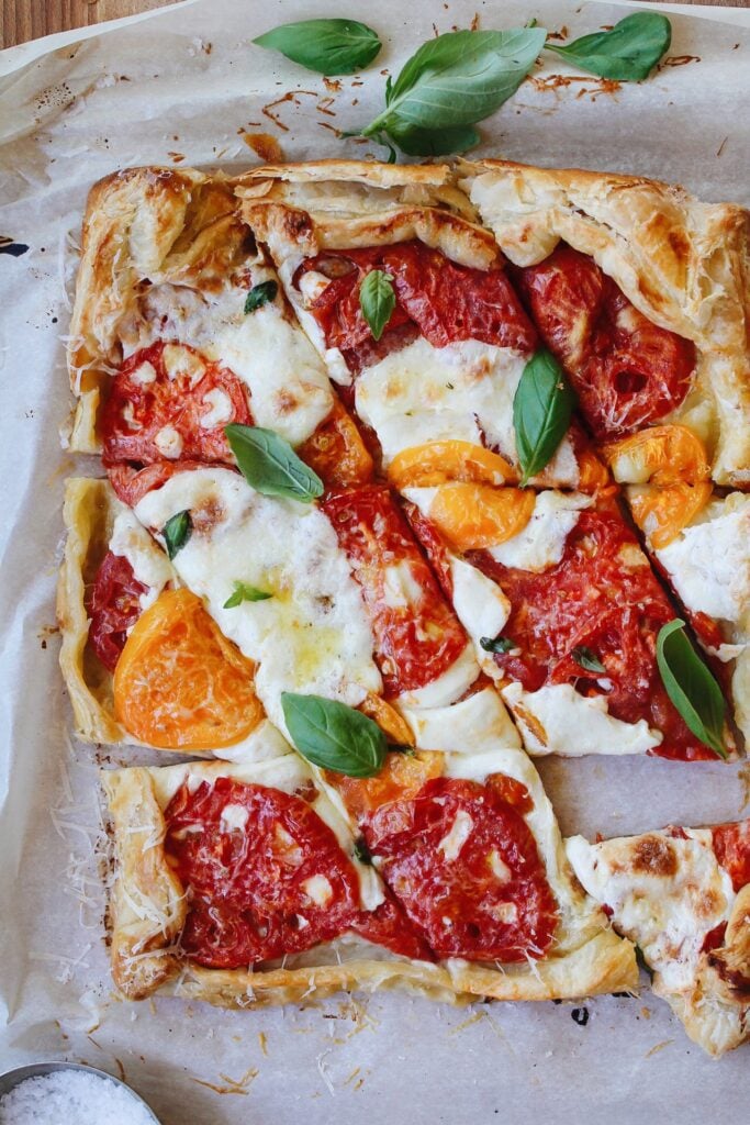 puff pastry tomato tart cut into slices