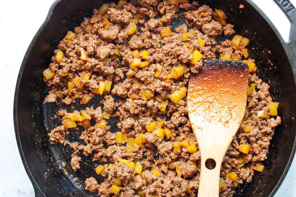 ground beef in a cast iron skillet