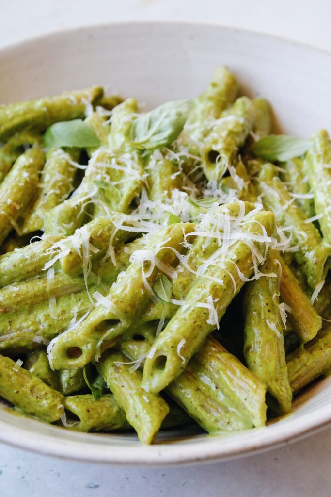 pesto without garlic on penne pasta