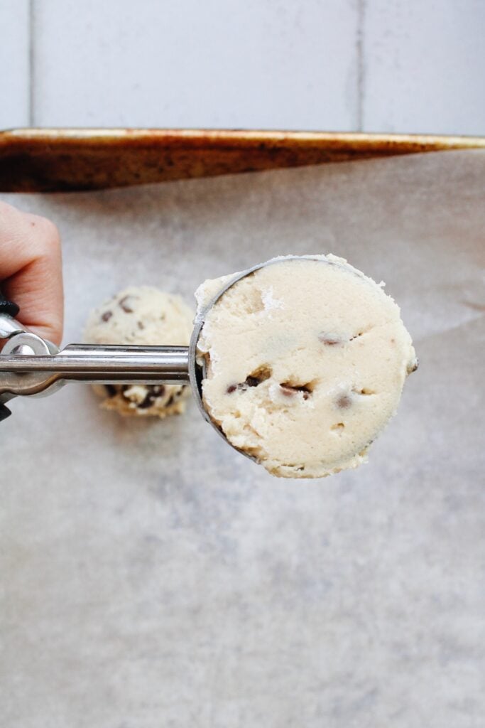 Carob Cookie dough in a cookie scoop