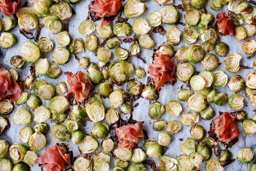 brussel sprouts and prosciutto after being roasted