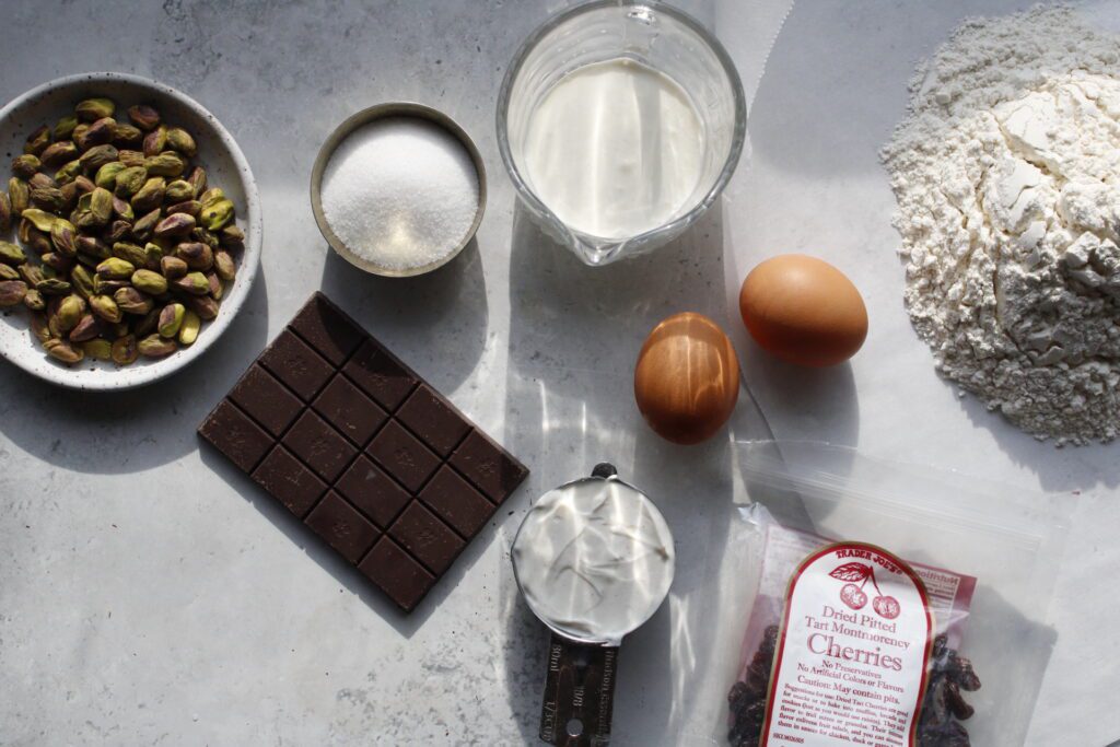 cherry scone ingredients on a white background