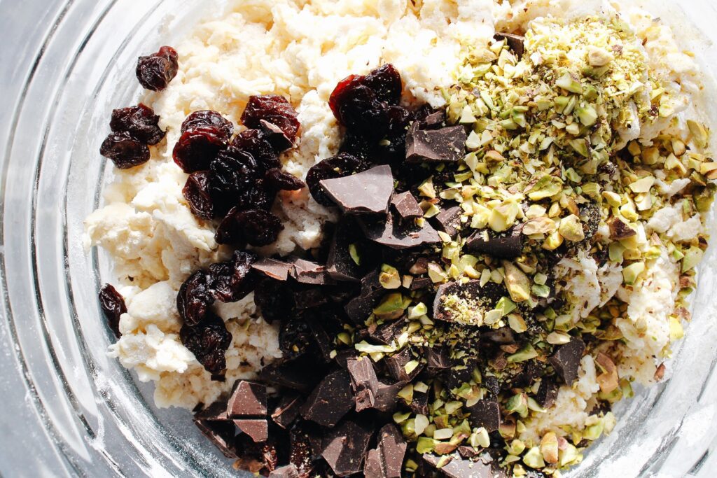 dried cherries, dark chocolate and pistachios added to scone dough