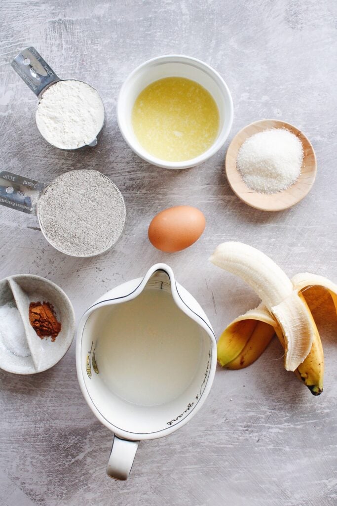 buckwheat banana pancake ingredients on a gray background